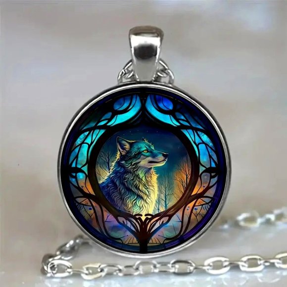 Independent Jewelry - Turquoise Mystic WOLF Glass Cabochon Pendant Necklace